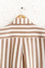 Clothway Premium Men's Beige & White Vertical Striped Cotton Linen Half Sleeve Button Down Casual Shirt – Classic Dual Pocket Smart Casual Summer Designer Shirt for Office, Vacation & Everyday Wear