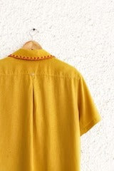 Clothway Premium Men's Mustard Embroidered Cotton Linen Cuban Collar Half Sleeve Casual Resort Shirt – Designer Tribal Embroidery Summer Button Down Fashion Shirt for Men