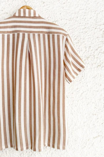 Clothway Premium Men's Beige & White Vertical Striped Cotton Linen Half Sleeve Button Down Casual Shirt – Classic Dual Pocket Smart Casual Summer Designer Shirt for Office, Vacation & Everyday Wear