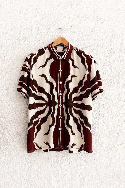 Clothway Premium Men's Abstract Sunburst Printed Cotton Linen Half Sleeve Casual Shirt – Vintage Retro Graphic Button Down Summer Resort Beach Designer Shirt with Classic Collar