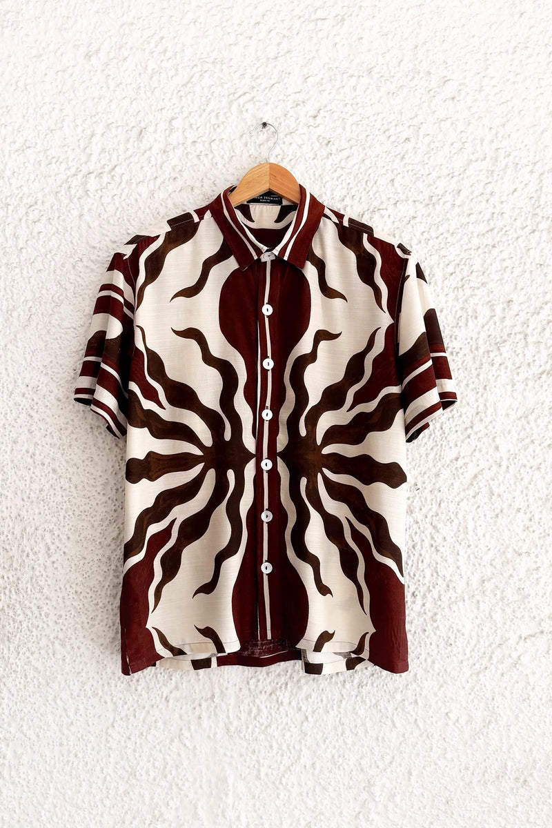 Clothway Premium Men's Abstract Sunburst Printed Cotton Linen Half Sleeve Casual Shirt – Vintage Retro Graphic Button Down Summer Resort Beach Designer Shirt with Classic Collar