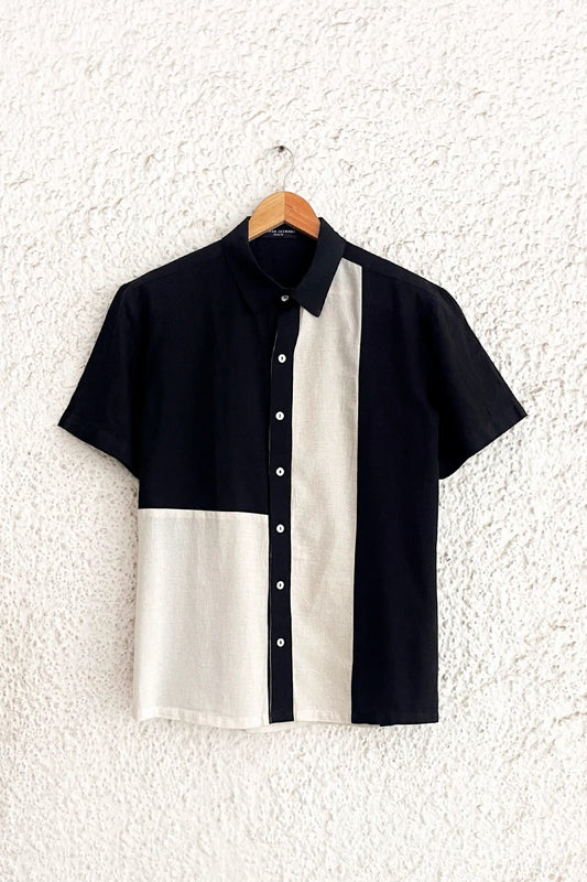 Clothway Premium Men's Black & Ivory Color Block Cotton Linen Half Sleeve Button Down Casual Shirt – Modern Minimalist Designer Panel Smart Casual Summer Shirt for Office, Travel & Everyday Wear