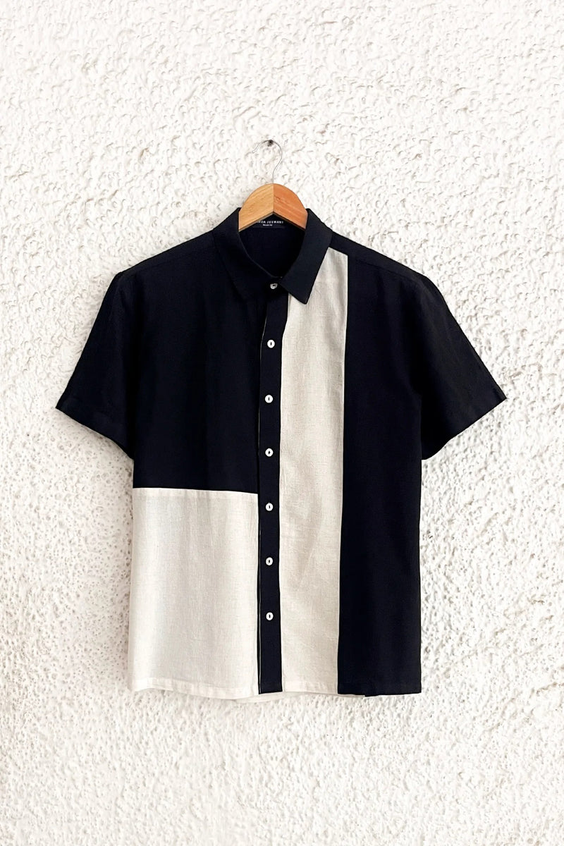 Clothway Premium Men's Black & Ivory Color Block Cotton Linen Half Sleeve Button Down Casual Shirt – Modern Minimalist Designer Panel Smart Casual Summer Shirt for Office, Travel & Everyday Wear
