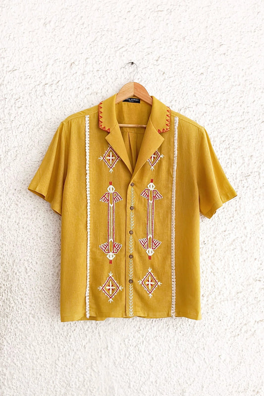 Clothway Premium Men's Mustard Embroidered Cotton Linen Cuban Collar Half Sleeve Casual Resort Shirt – Designer Tribal Embroidery Summer Button Down Fashion Shirt for Men