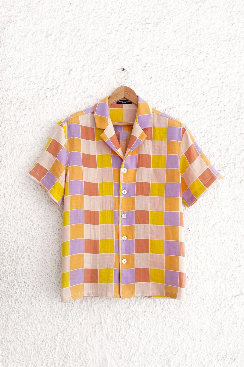 Clothway Premium Men's Pastel Multi Color Checkered Cotton Linen Cuban Collar Half Sleeve Casual Shirt – Vintage Retro Plaid Summer Button Down Resort Beach Designer Shirt