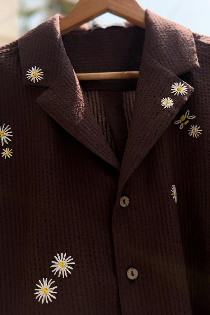 Clothway Premium Men's Chocolate Brown Textured Embroidered Cuban Collar Half Sleeve Casual Resort Shirt – Luxury Floral Embroidery Cotton Blend Summer Button Down Designer Shirt