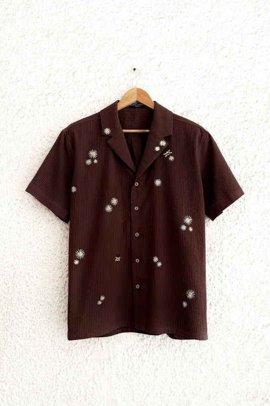 Clothway Premium Men's Chocolate Brown Textured Embroidered Cuban Collar Half Sleeve Casual Resort Shirt – Luxury Floral Embroidery Cotton Blend Summer Button Down Designer Shirt