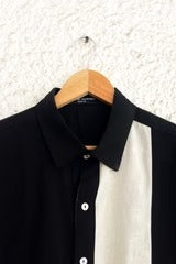 Clothway Premium Men's Black & Off White Color Block Cotton Linen Half Sleeve Button Down Casual Shirt – Modern Minimalist Designer Panel Shirt for Office, Travel & Smart Casual Wear