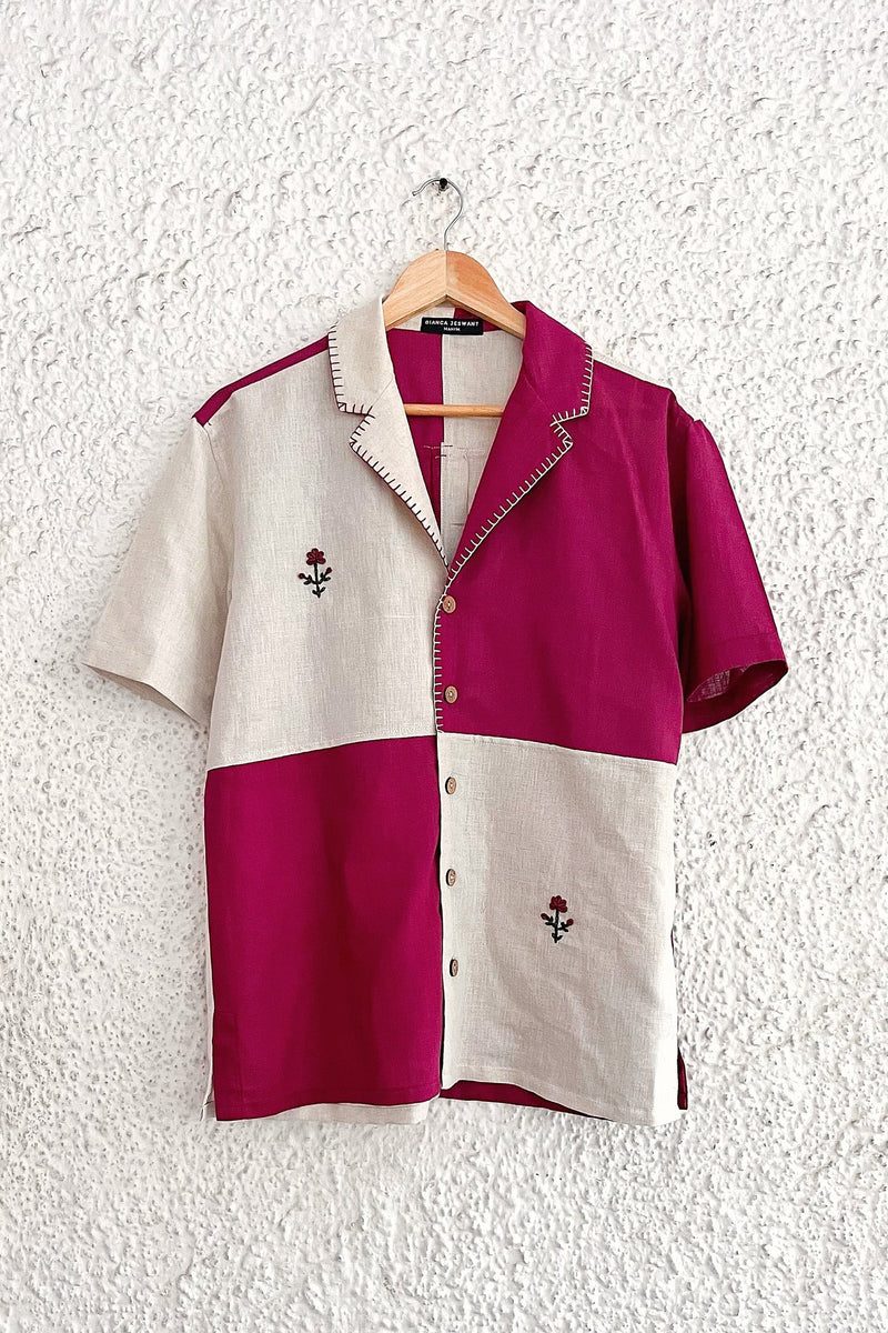 Clothway Premium Men's Color Block Embroidered Cotton Linen Half Sleeve Cuban Collar Casual Resort Shirt – Dual Tone Beige & Magenta Summer Fashion Button Down Oversized Streetwear Shirt