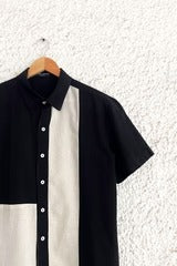 Clothway Premium Men's Black & Off White Color Block Cotton Linen Half Sleeve Button Down Casual Shirt – Modern Minimalist Designer Panel Shirt for Office, Travel & Smart Casual Wear