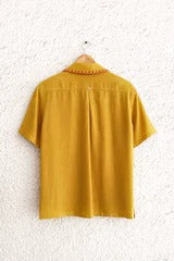 Clothway Premium Men's Mustard Embroidered Cotton Linen Cuban Collar Half Sleeve Casual Resort Shirt – Designer Tribal Embroidery Summer Button Down Fashion Shirt for Men
